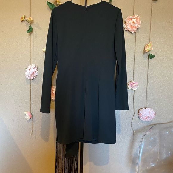 Belle Badgley Mischka: Harley Crepe Fringe Crew Neck Long Sleeve Bodycon Dress - Picture 2 of 4